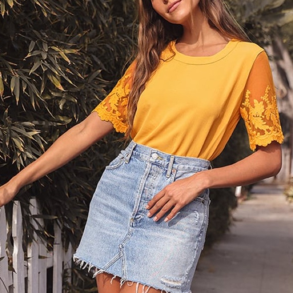 Lulus Lisa Marie Mustard Yellow Embroidered Top